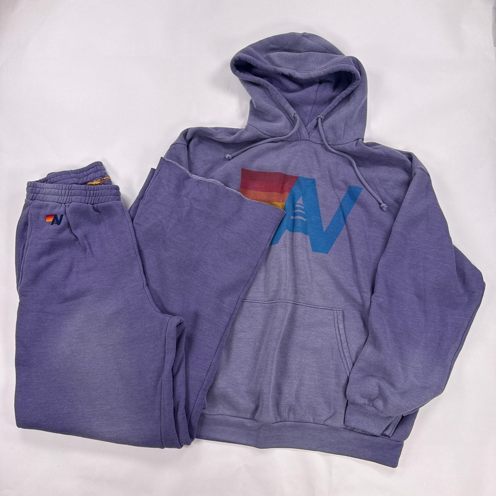 Aviator Nation Unisex Tracksuit Set XL Purple Faded Wash Hoodie Wide Sweatpants